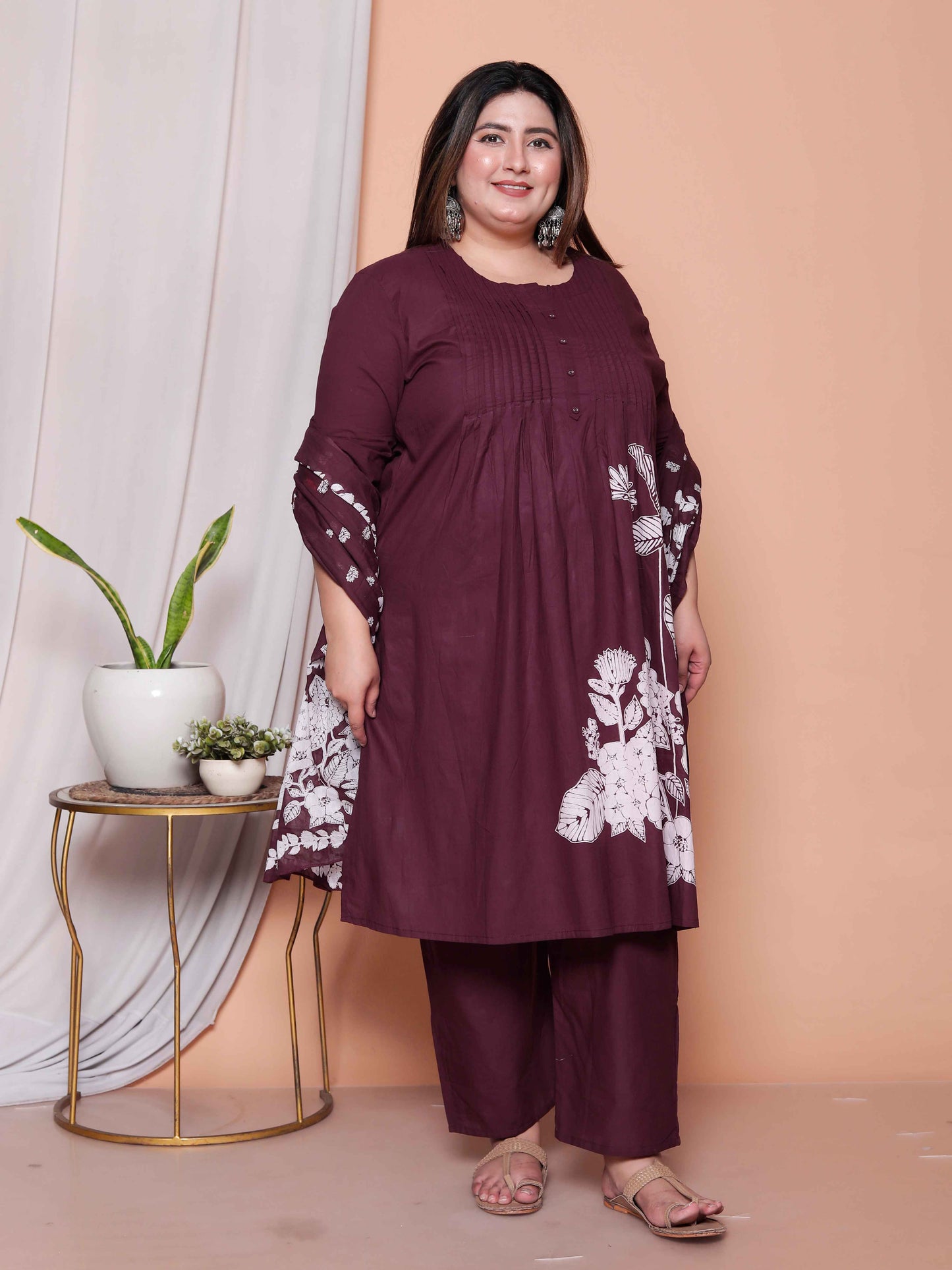 Miravan Womens plus size Wine Floral Kurta with palazzo and Dupatta set