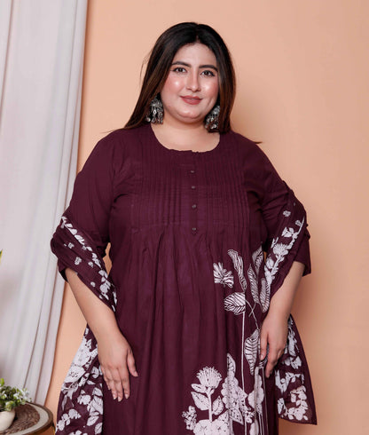 Miravan Womens plus size Wine Floral Kurta with palazzo and Dupatta set