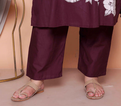 Miravan Womens plus size Wine Floral Kurta with palazzo and Dupatta set