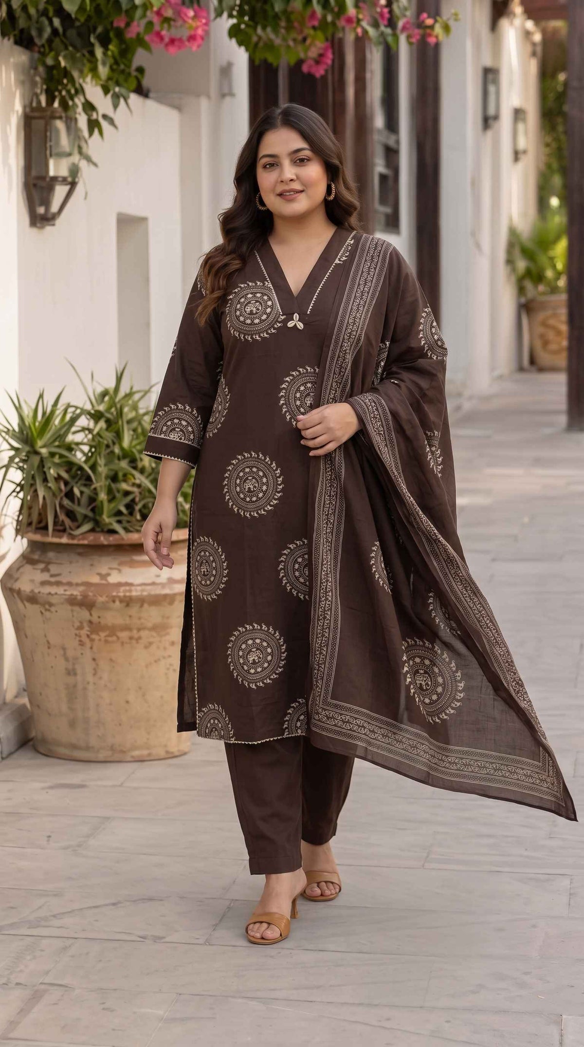 Miravan Womens Plus Size Animal Print Cotton Brown Stitched Kurta Palazzo With Dupatta set