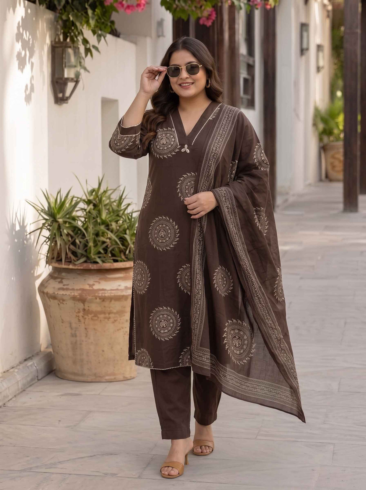 Miravan Womens Plus Size Animal Print Cotton Brown Stitched Kurta Palazzo With Dupatta set
