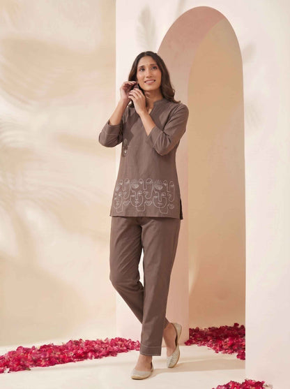Miravan's Womens Grey Embroidered Kurta with palazzo Set