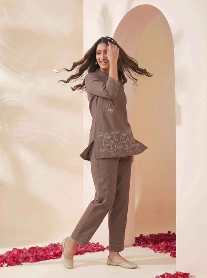Miravan's Womens Grey Embroidered Kurta with palazzo Set