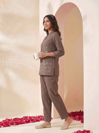 Miravan's Womens Grey Embroidered Kurta with palazzo Set
