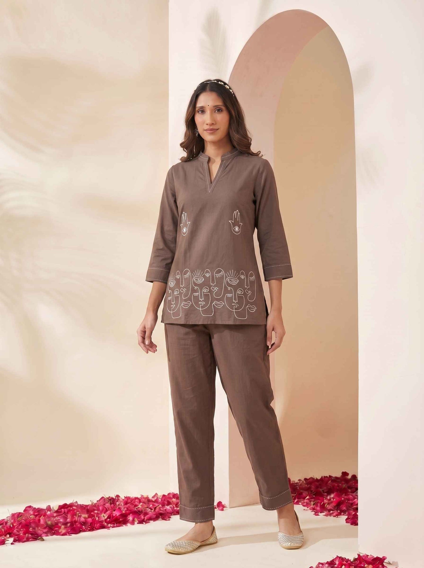 Miravan's Womens Grey Embroidered Kurta with palazzo Set