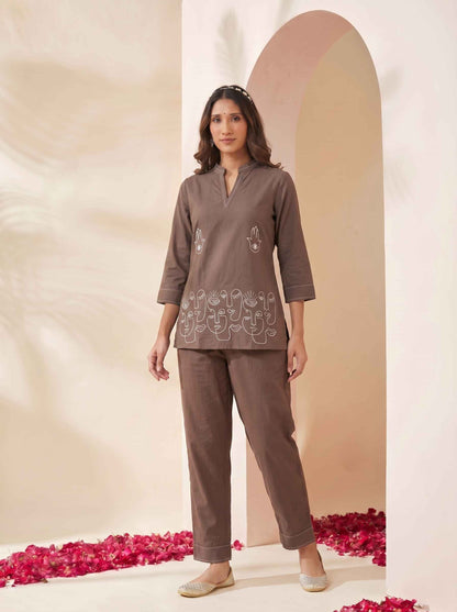 Miravan's Womens Grey Embroidered Kurta with palazzo Set