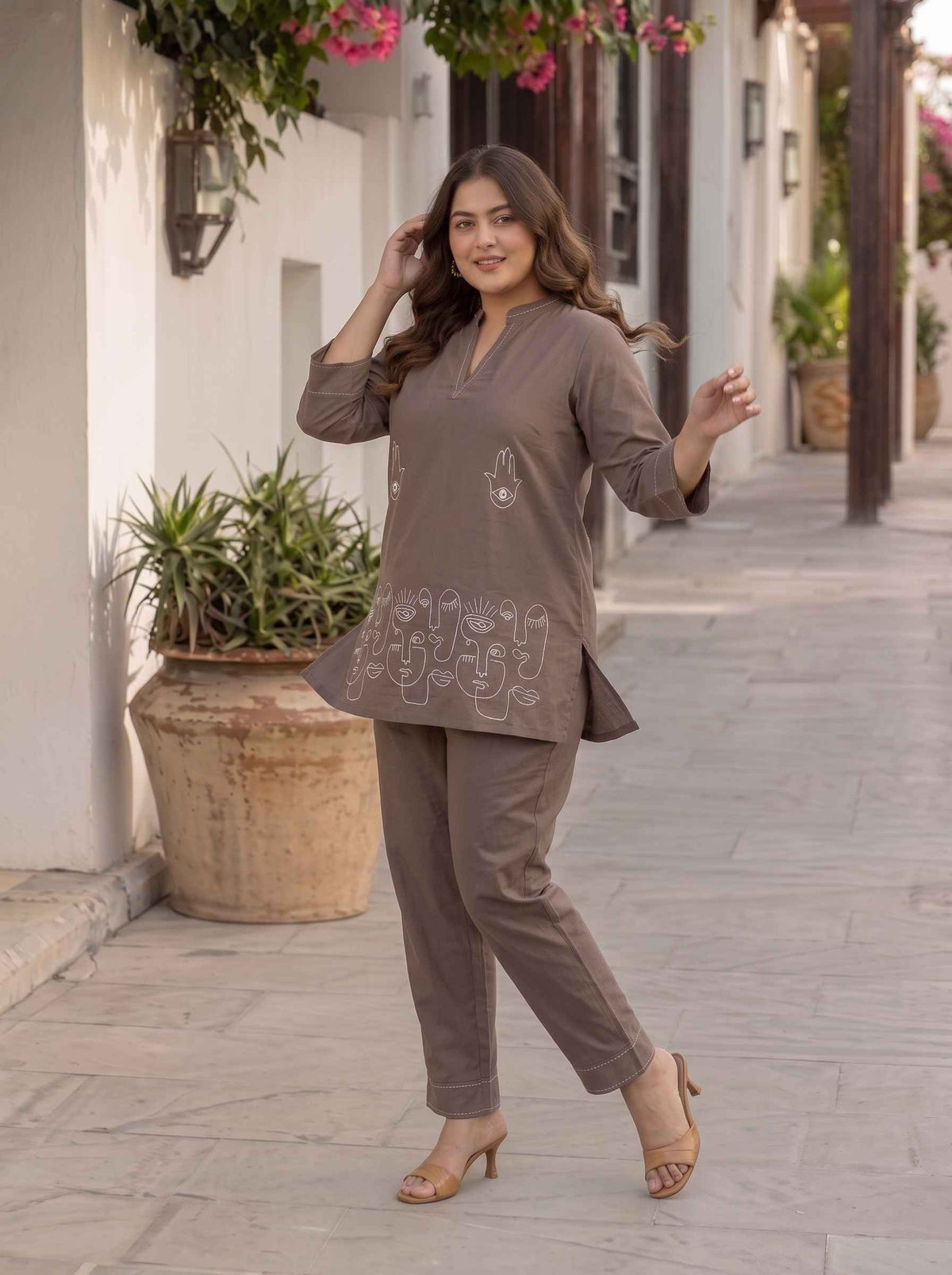 Miravan's Womens Plus Size Grey Embroidered Kurta with palazzo Set