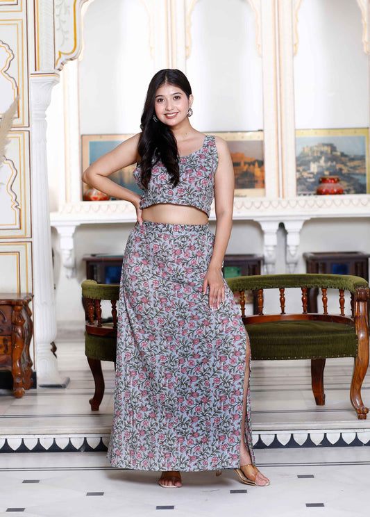 Women's Grey Floral Printed Crop Top And Skirt Co-Ord Set - Miravan