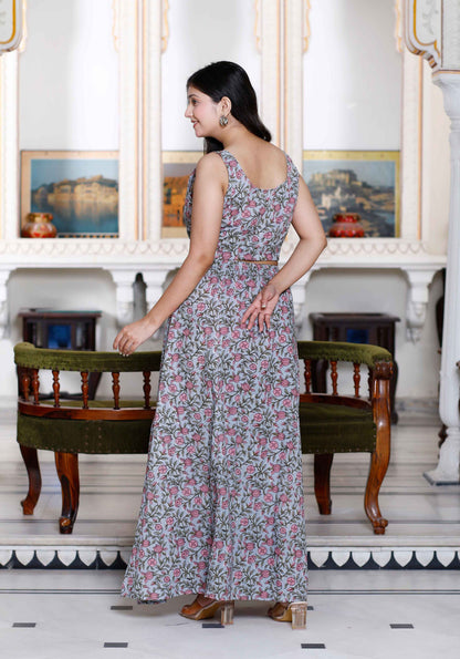 Women's Grey Floral Printed Crop Top And Skirt Co-Ord Set - Miravan