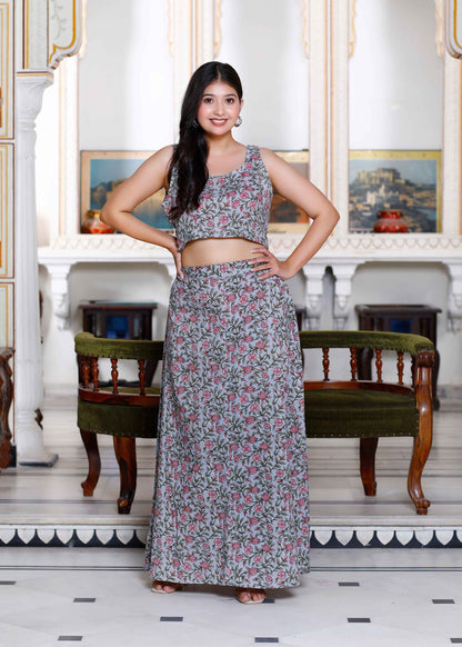 Women's Grey Floral Printed Crop Top And Skirt Co-Ord Set - Miravan