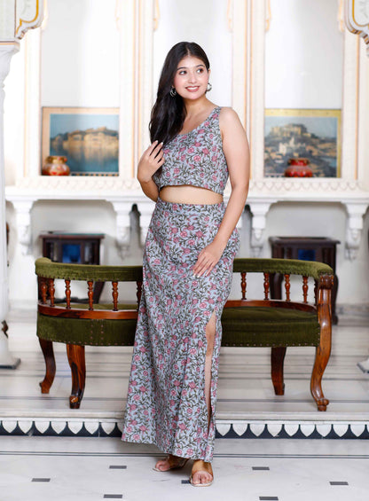 Women's Grey Floral Printed Crop Top And Skirt Co-Ord Set - Miravan