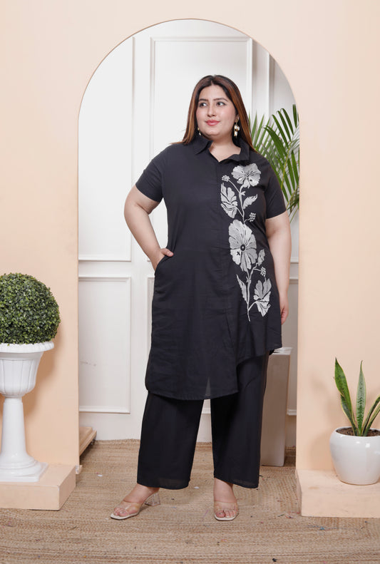 Miravan Womens Plus Size Black Pure Cotton Floral Embroidered High Low Co-Ord Set