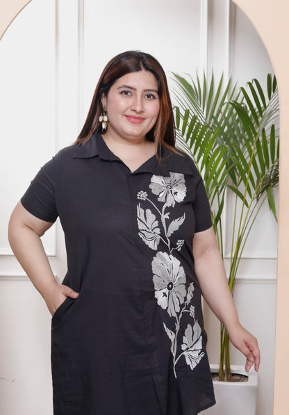 Miravan Womens Plus Size Black Pure Cotton Floral Embroidered High Low Co-Ord Set