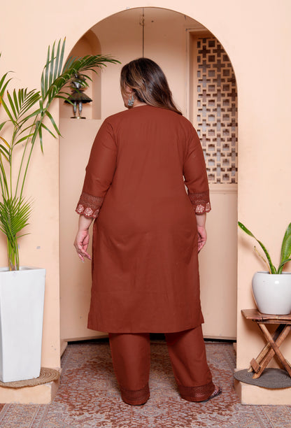 Miravan Womens Plus Size Embroidered Cotton Kurta with palazzo & Dupatta Set