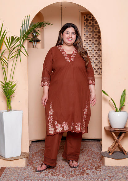 Miravan Womens Plus Size Embroidered Cotton Kurta with palazzo & Dupatta Set