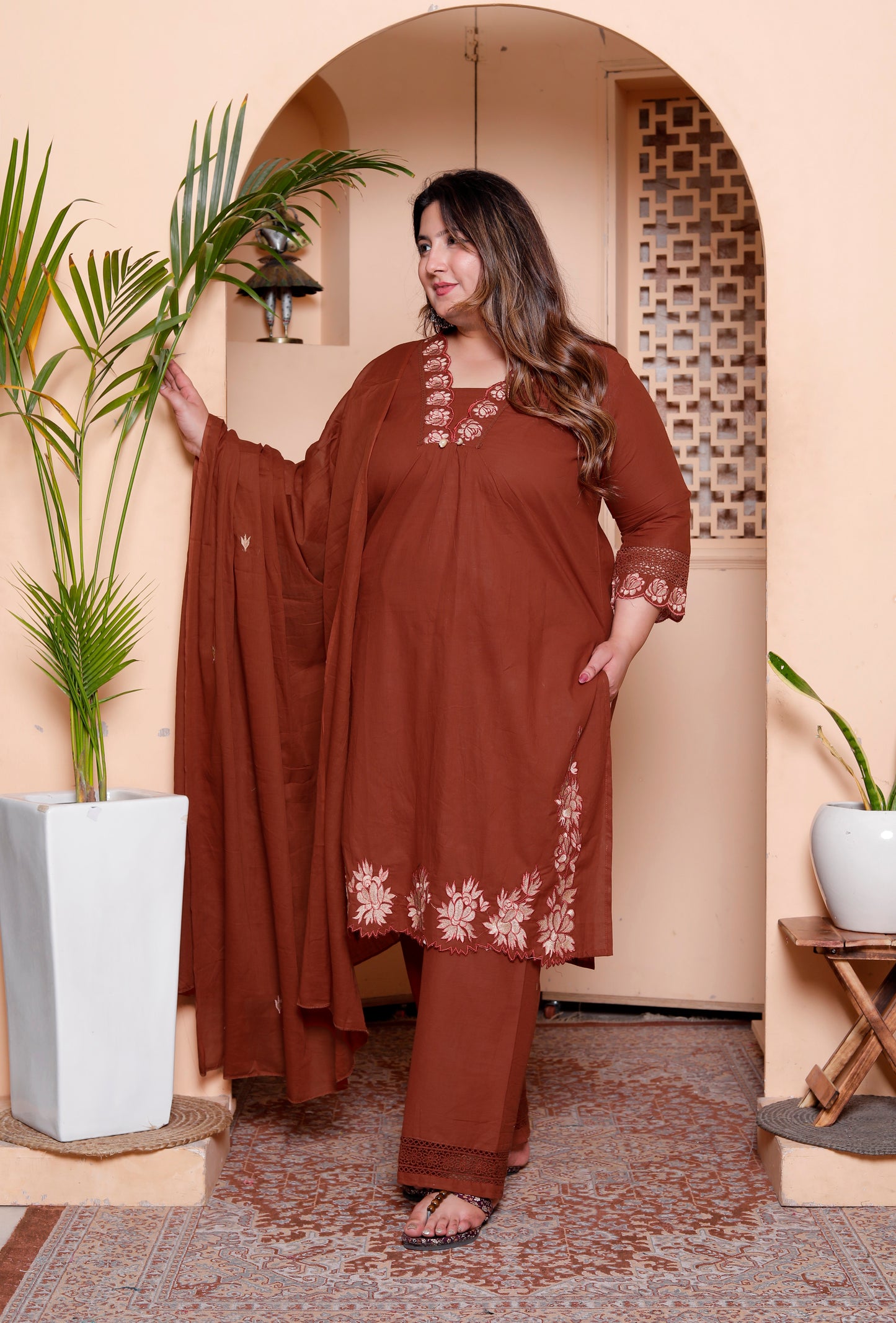 Miravan Womens Plus Size Embroidered Cotton Kurta with palazzo & Dupatta Set