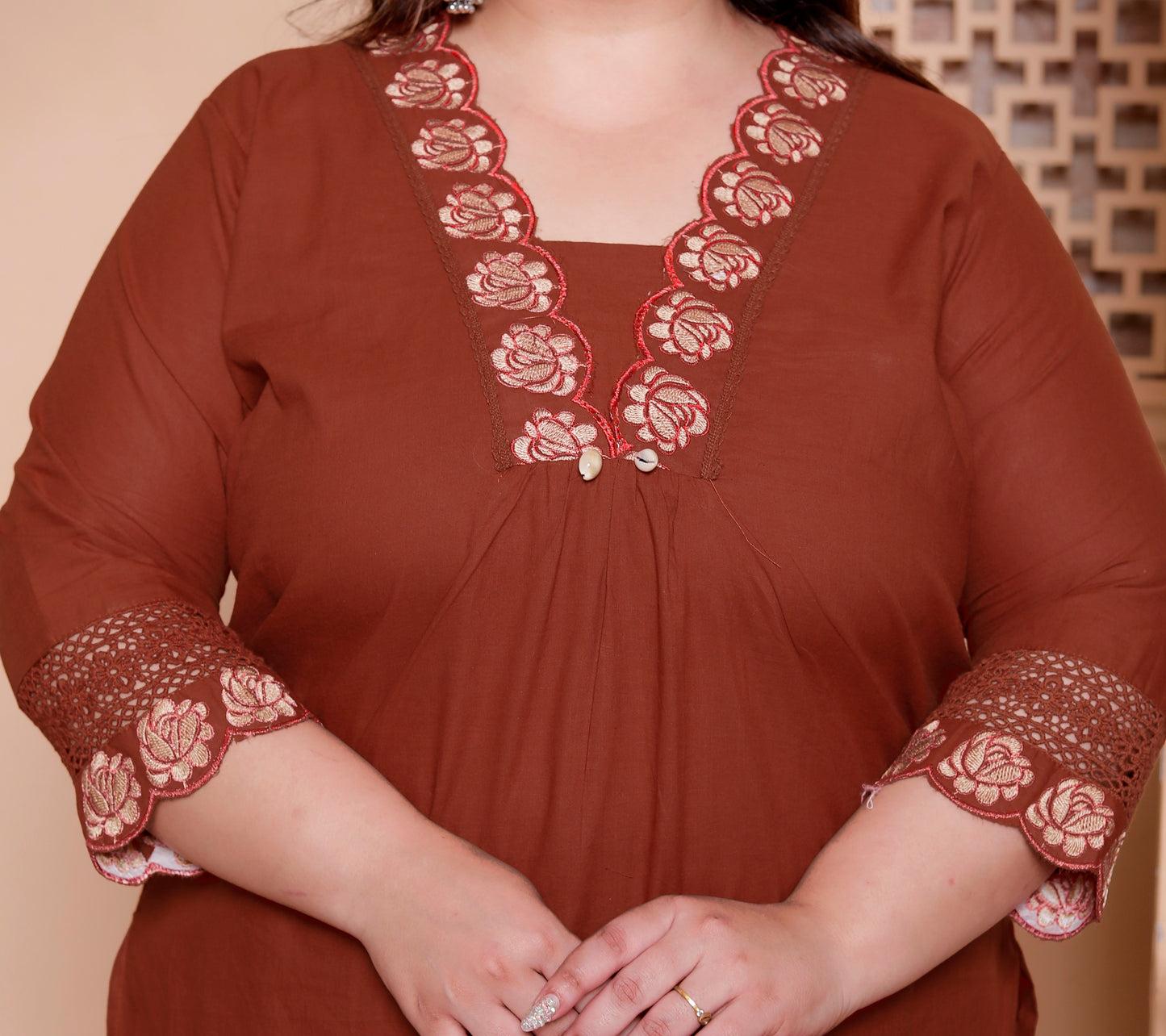 Miravan Womens Plus Size Embroidered Cotton Kurta with palazzo & Dupatta Set