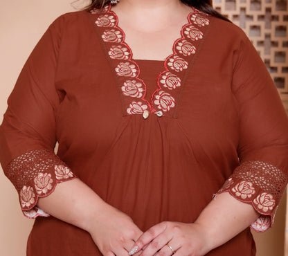 Miravan Womens Plus Size Embroidered Cotton Kurta with palazzo & Dupatta Set