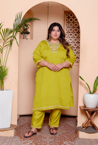 Miravan Womens Plus Size Muslin Yellow  Kurta and Palazzo with Dupatta Set