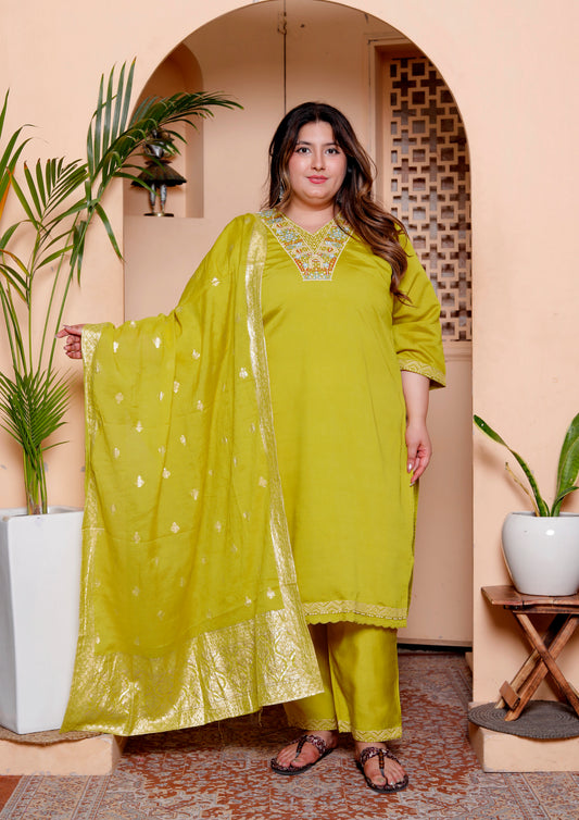 Miravan Womens Plus Size Muslin Yellow  Kurta and Palazzo with Dupatta Set