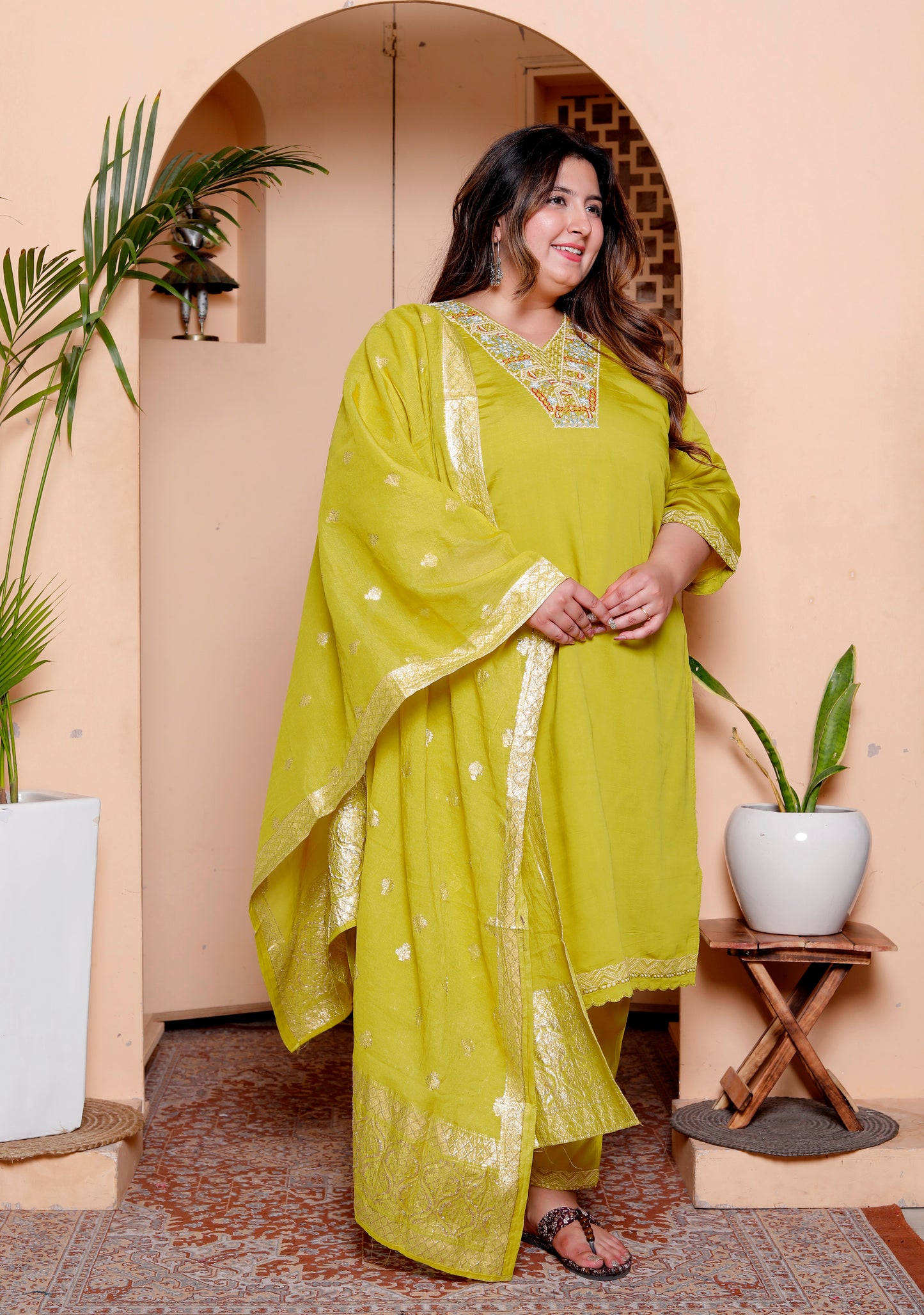 Miravan Womens Plus Size Muslin Yellow  Kurta and Palazzo with Dupatta Set