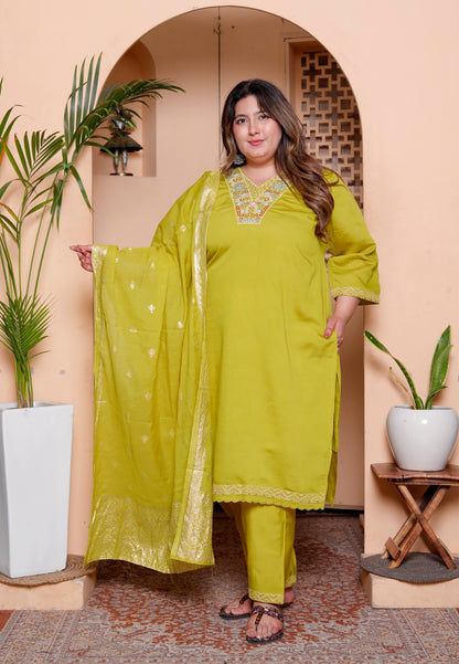 Miravan Womens Plus Size Muslin Yellow  Kurta and Palazzo with Dupatta Set