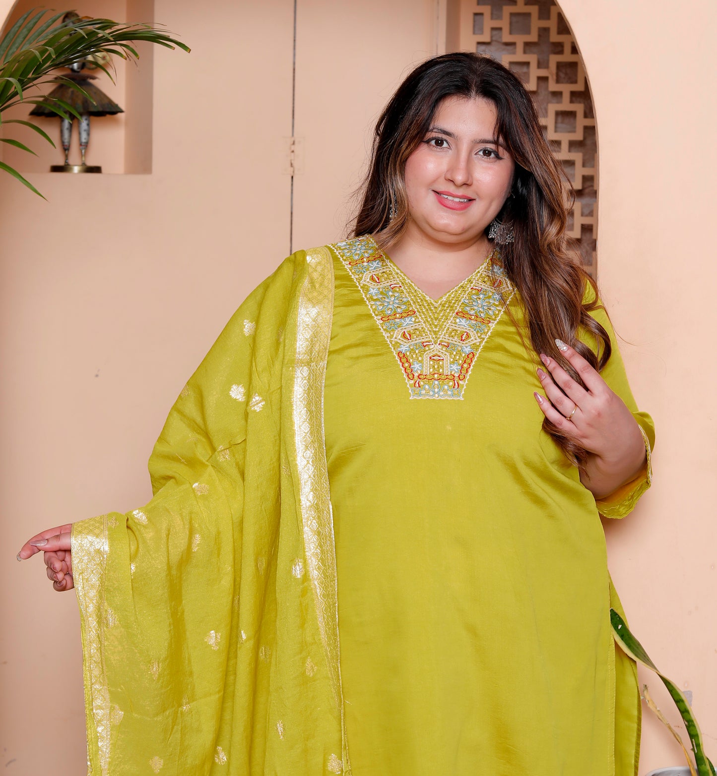 Miravan Womens Plus Size Muslin Yellow  Kurta and Palazzo with Dupatta Set