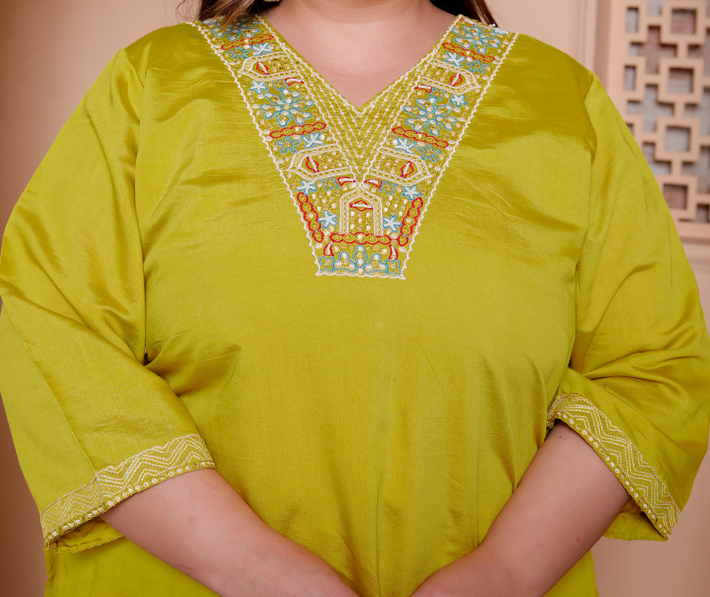 Miravan Womens Plus Size Muslin Yellow  Kurta and Palazzo with Dupatta Set