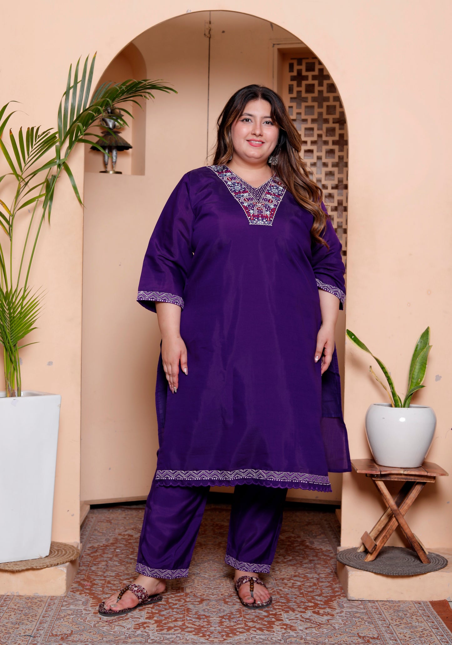 Miravan Womens Plus Size Purple Muslin Stright kurta and palazzo with dupatta Suit set
