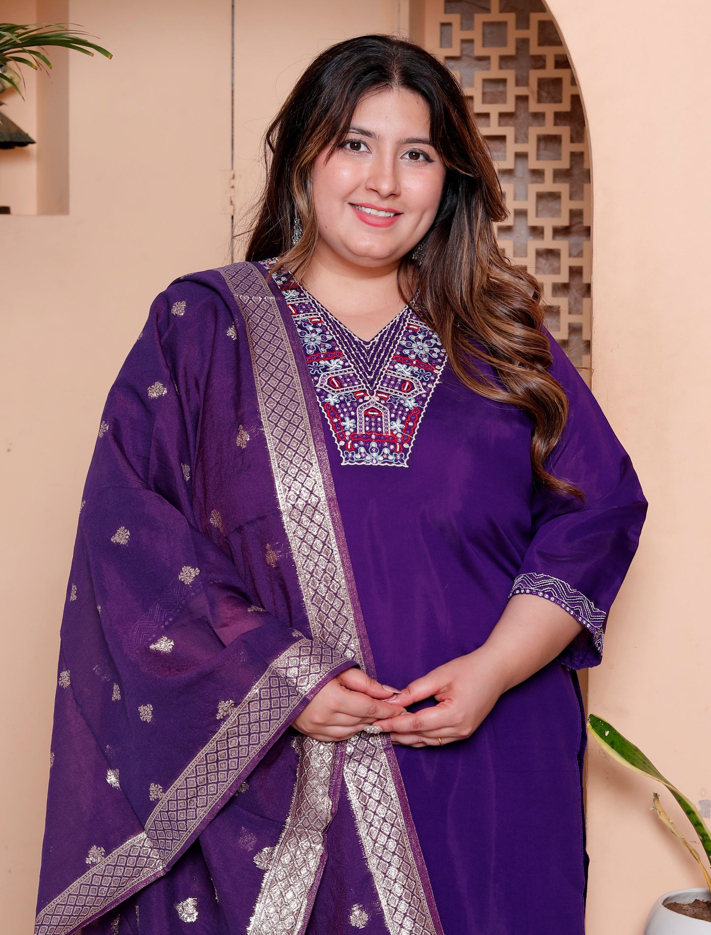 Miravan Womens Plus Size Purple Muslin Stright kurta and palazzo with dupatta Suit set