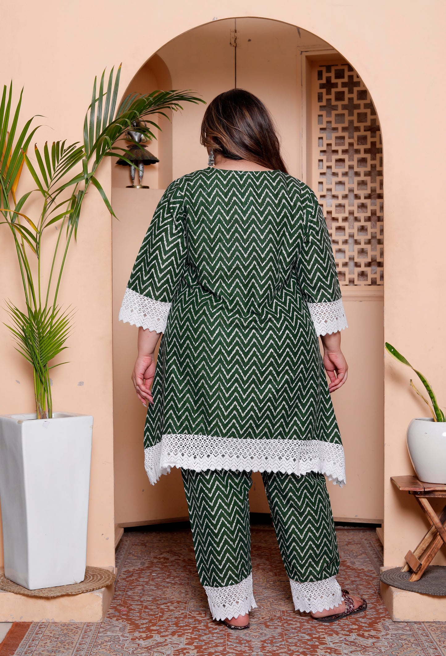 Miravan Womens Plus Size Green Rayon Zigzag Print Kurta with Palazzo set