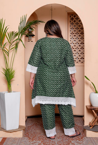 Miravan Womens Plus Size Green Rayon Zigzag Print Kurta with Palazzo set