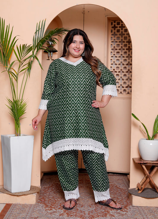 Miravan Womens Plus Size Green Rayon Zigzag Print Kurta with Palazzo set