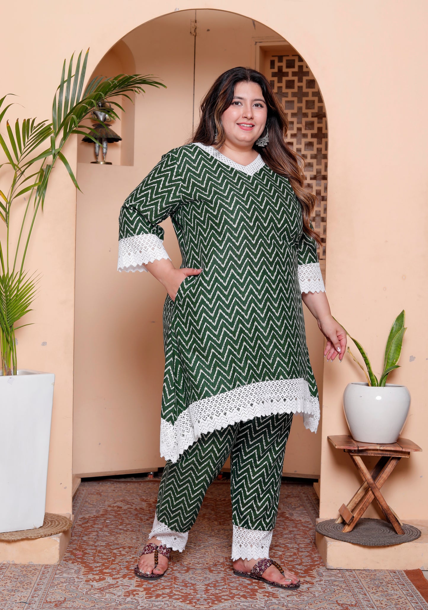 Miravan Womens Plus Size Green Rayon Zigzag Print Kurta with Palazzo set