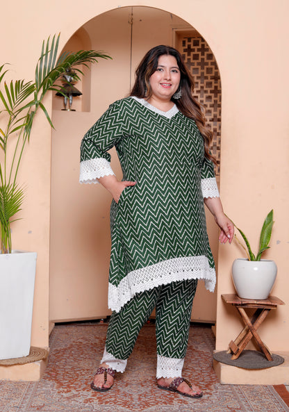 Miravan Womens Plus Size Green Rayon Zigzag Print Kurta with Palazzo set