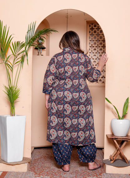 Miravan Womens Plus Size Cotton Floral Printed Shirt-Collar Straight Kurta and Palazzo set
