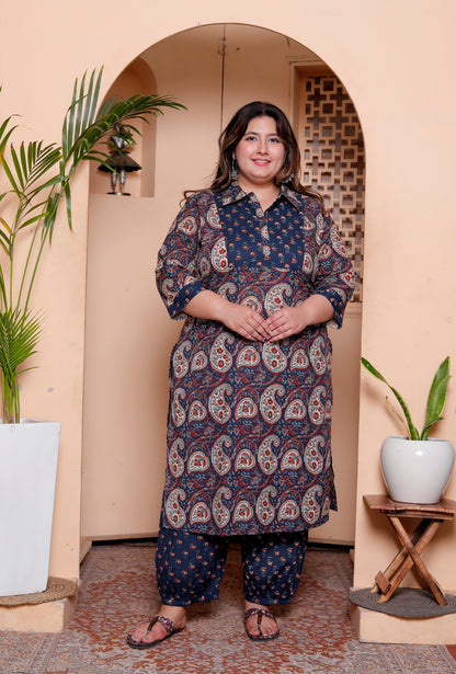 Miravan Womens Plus Size Cotton Floral Printed Shirt-Collar Straight Kurta and Palazzo set