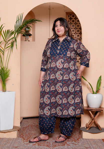 Miravan Womens Plus Size Cotton Floral Printed Shirt-Collar Straight Kurta and Palazzo set