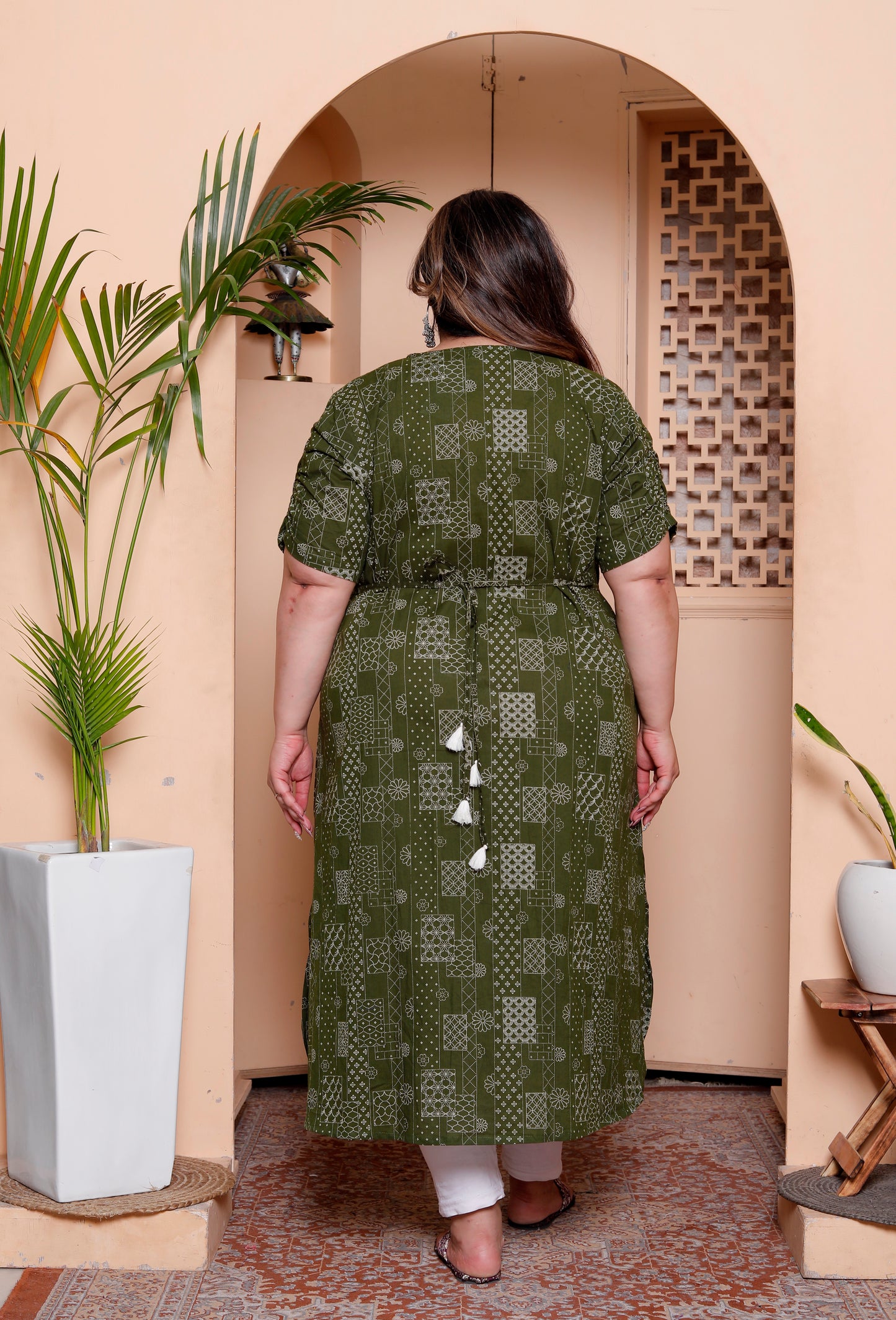 Miravan Womens Plus Size Pure Cotton Floral Printed Green Button Down A-Line Midi Dress