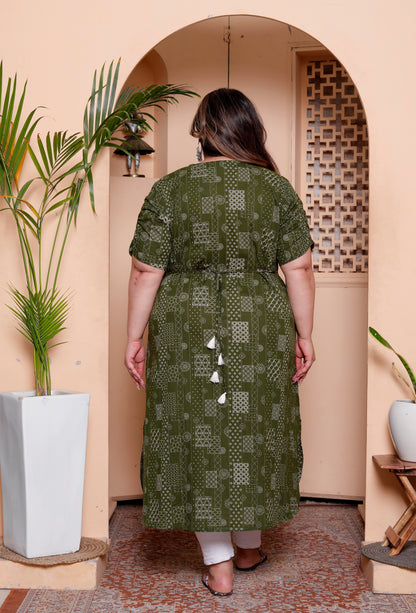 Miravan Womens Plus Size Pure Cotton Floral Printed Green Button Down A-Line Midi Dress