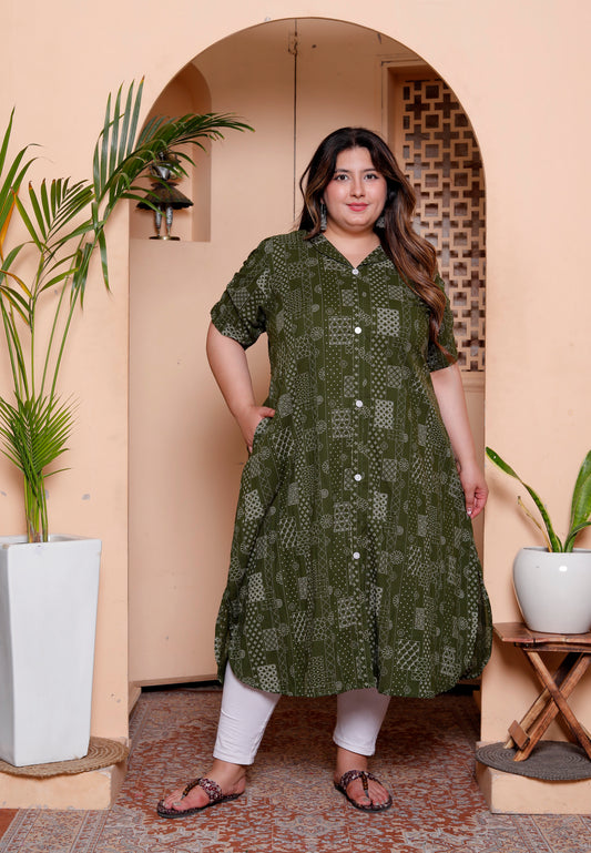 Miravan Womens Plus Size Pure Cotton Floral Printed Green Button Down A-Line Midi Dress