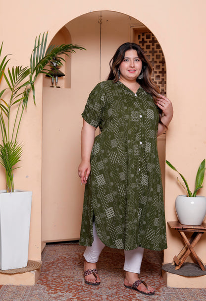 Miravan Womens Plus Size Pure Cotton Floral Printed Green Button Down A-Line Midi Dress