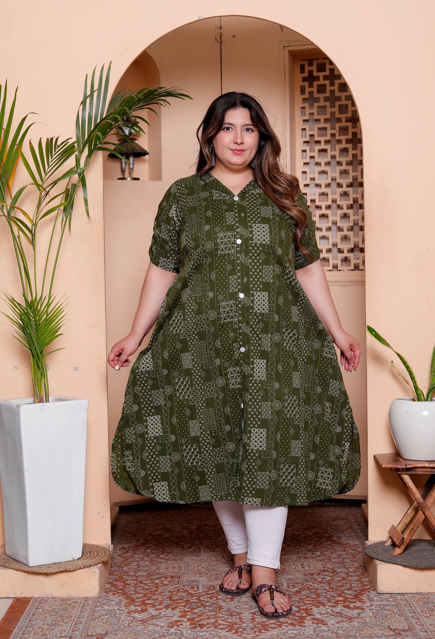 Miravan Womens Plus Size Pure Cotton Floral Printed Green Button Down A-Line Midi Dress