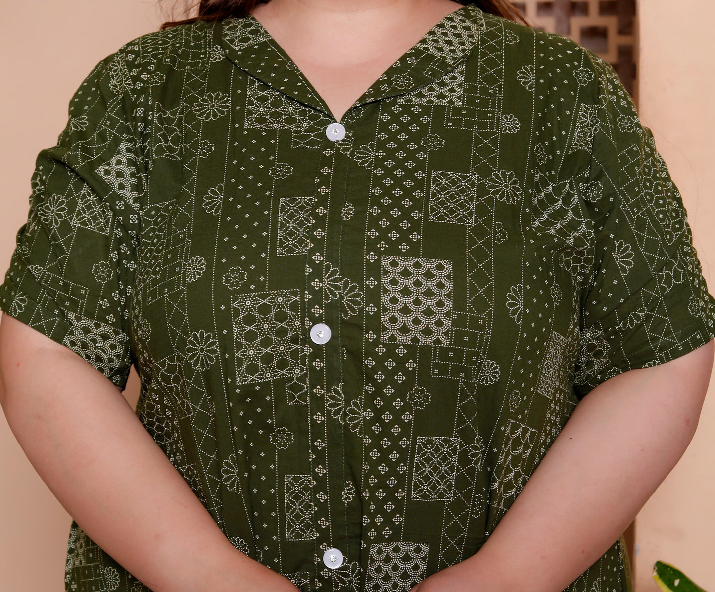 Miravan Womens Plus Size Pure Cotton Floral Printed Green Button Down A-Line Midi Dress