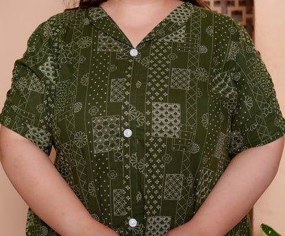 Miravan Womens Plus Size Pure Cotton Floral Printed Green Button Down A-Line Midi Dress