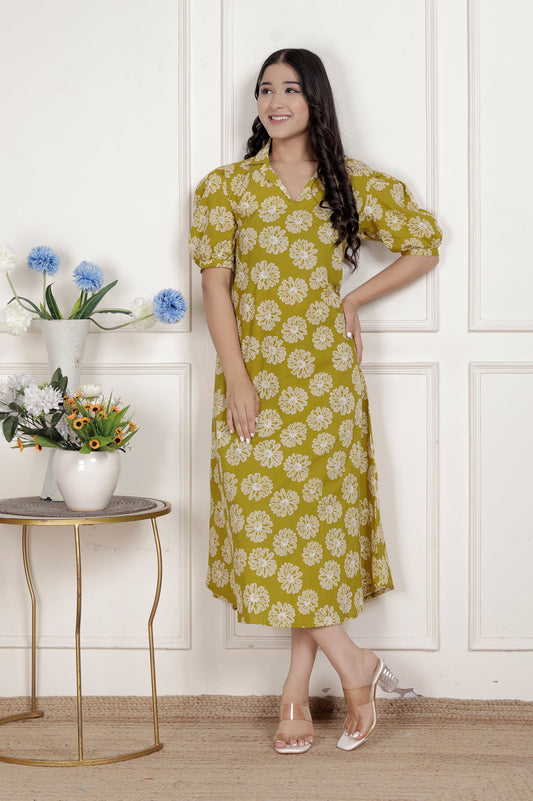Miravan Women's Yellow Printed Puff Sleeve Floral  Maxi Party Dress
