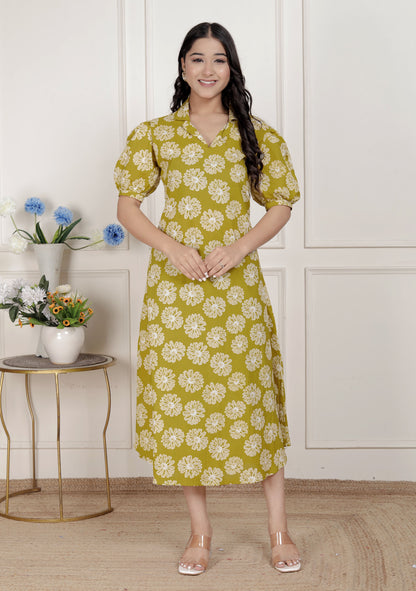 Miravan Women's Yellow Printed Puff Sleeve Floral  Maxi Party Dress