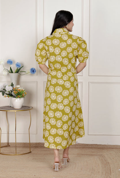 Miravan Women's Yellow Printed Puff Sleeve Floral  Maxi Party Dress