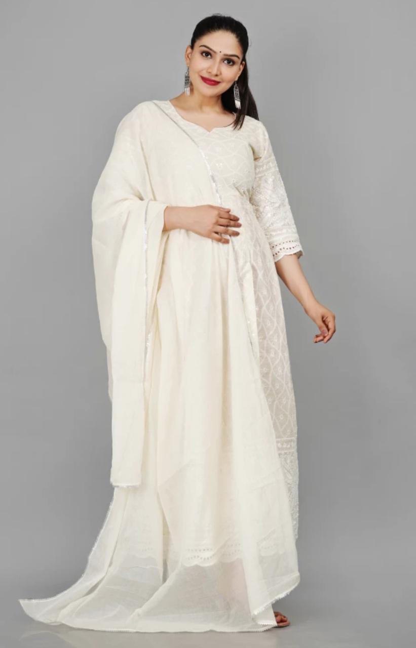 Women's Floral Embroidered Thread Work Cream Chikankari Anarkali Kurta With Cotton Dupatta - Miravan
