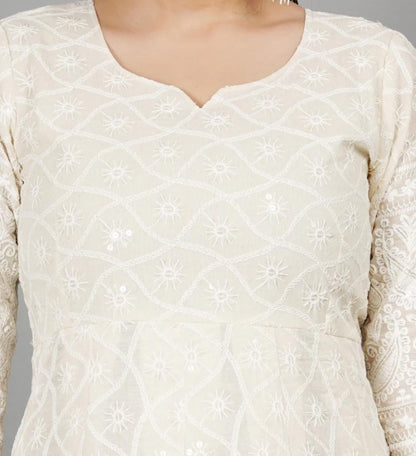 Women's Floral Embroidered Thread Work Cream Chikankari Anarkali Kurta With Cotton Dupatta - Miravan